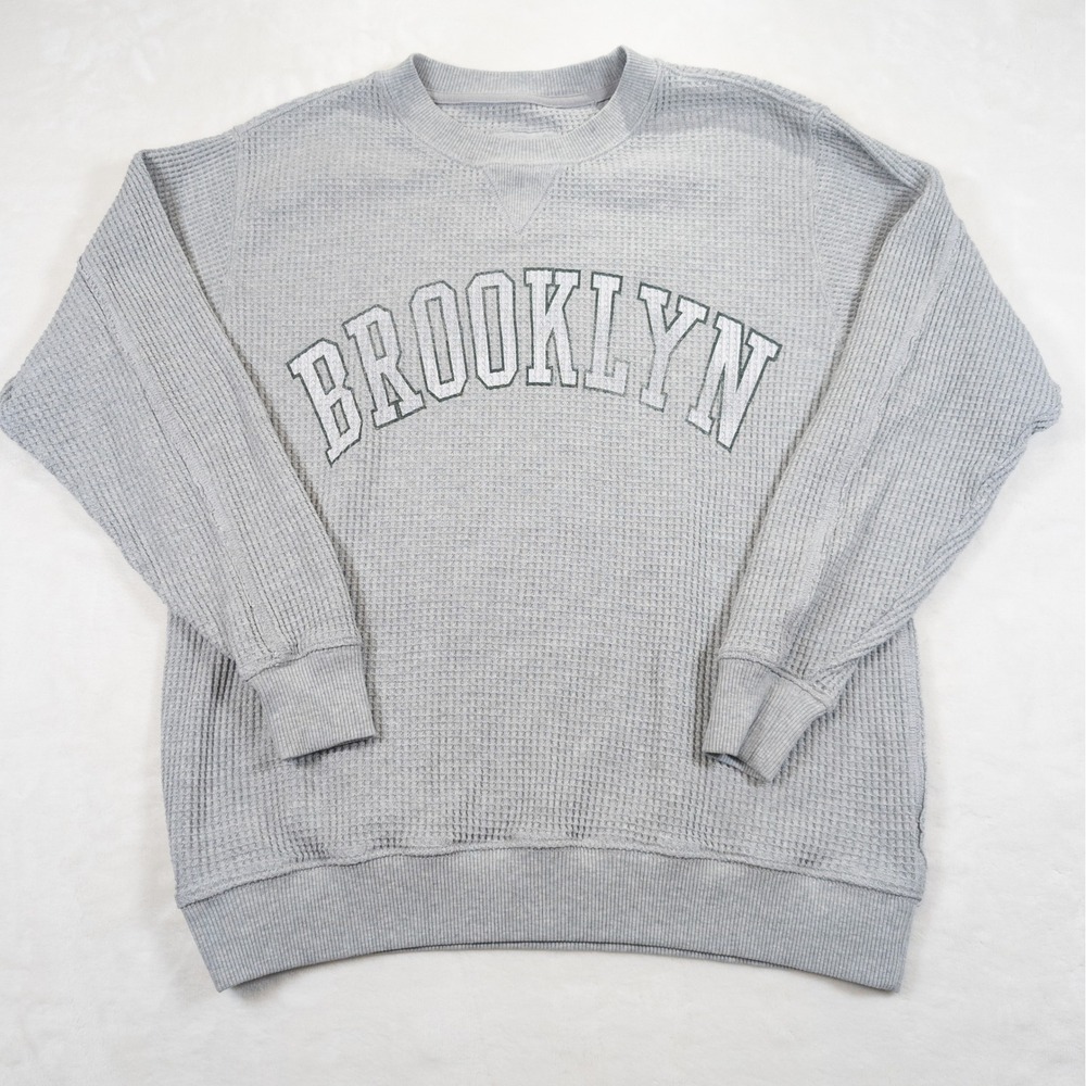 Aerie Brooklyn Womens Waffle Knit Graphic Sweatshirt Gray Oversized Crewneck XS